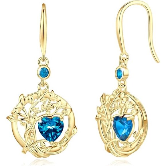 Yellow gold-12-blue topaz Tree of Life Dangle Drop Birthstone Silver Earrings